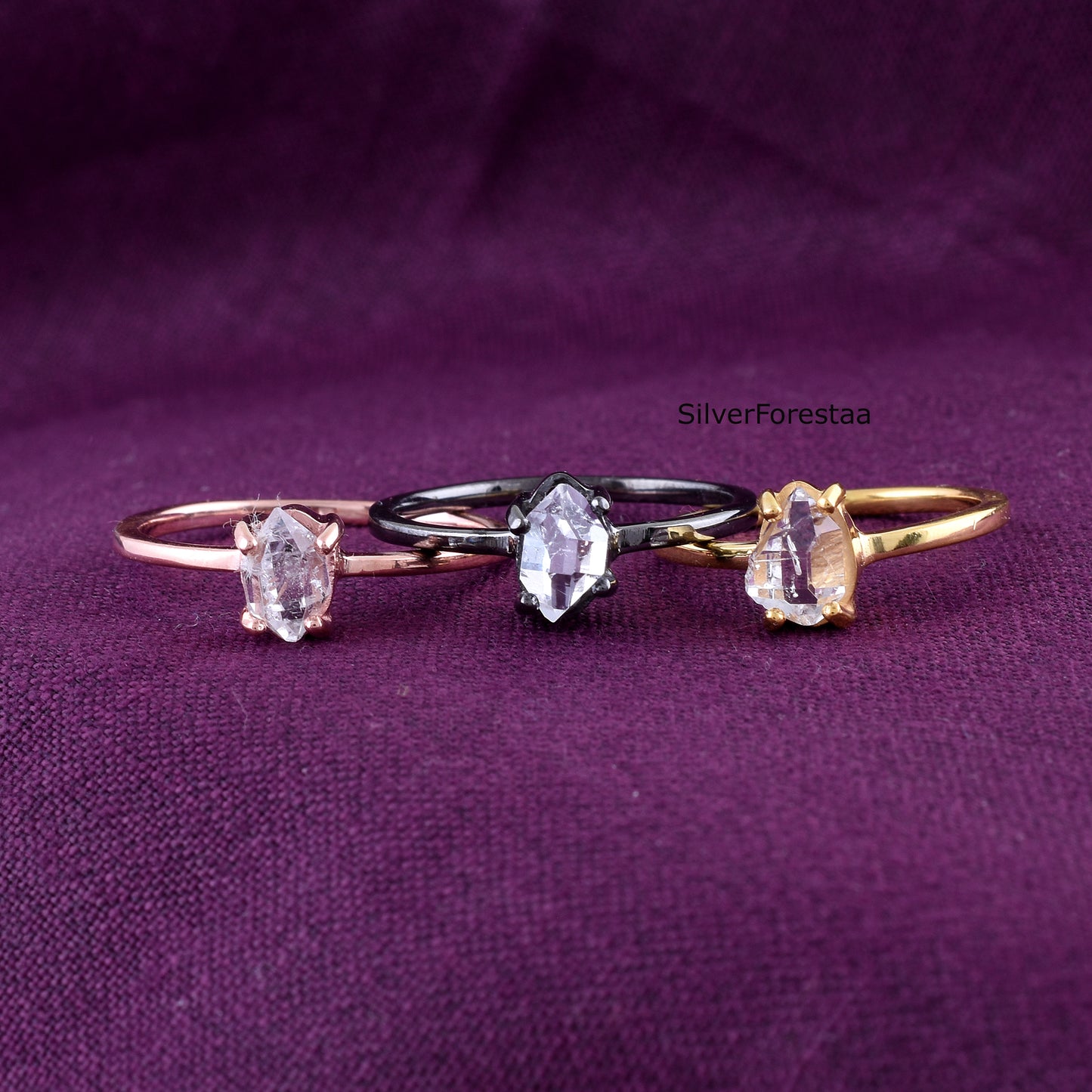 Dainty Raw Herkimer Diamond Sterling Silver Ring - SilverForestaa