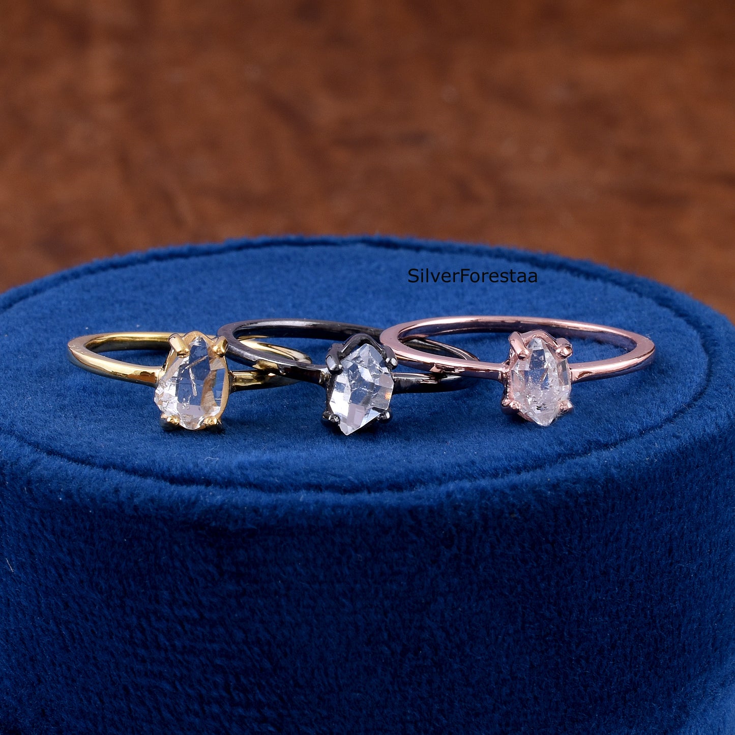 Dainty Raw Herkimer Diamond Sterling Silver Ring - SilverForestaa