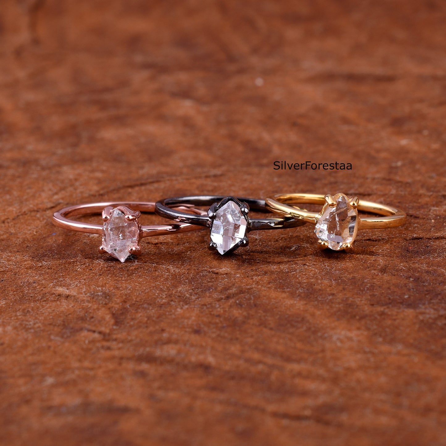 Dainty Raw Herkimer Diamond Sterling Silver Ring - SilverForestaa