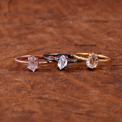 Dainty Raw Herkimer Diamond Sterling Silver Ring - SilverForestaa