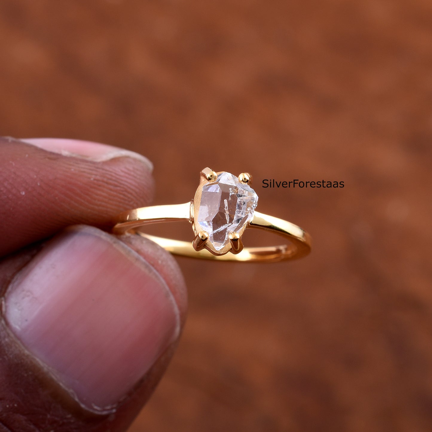 Dainty Raw Herkimer Diamond Sterling Silver Ring - SilverForestaa