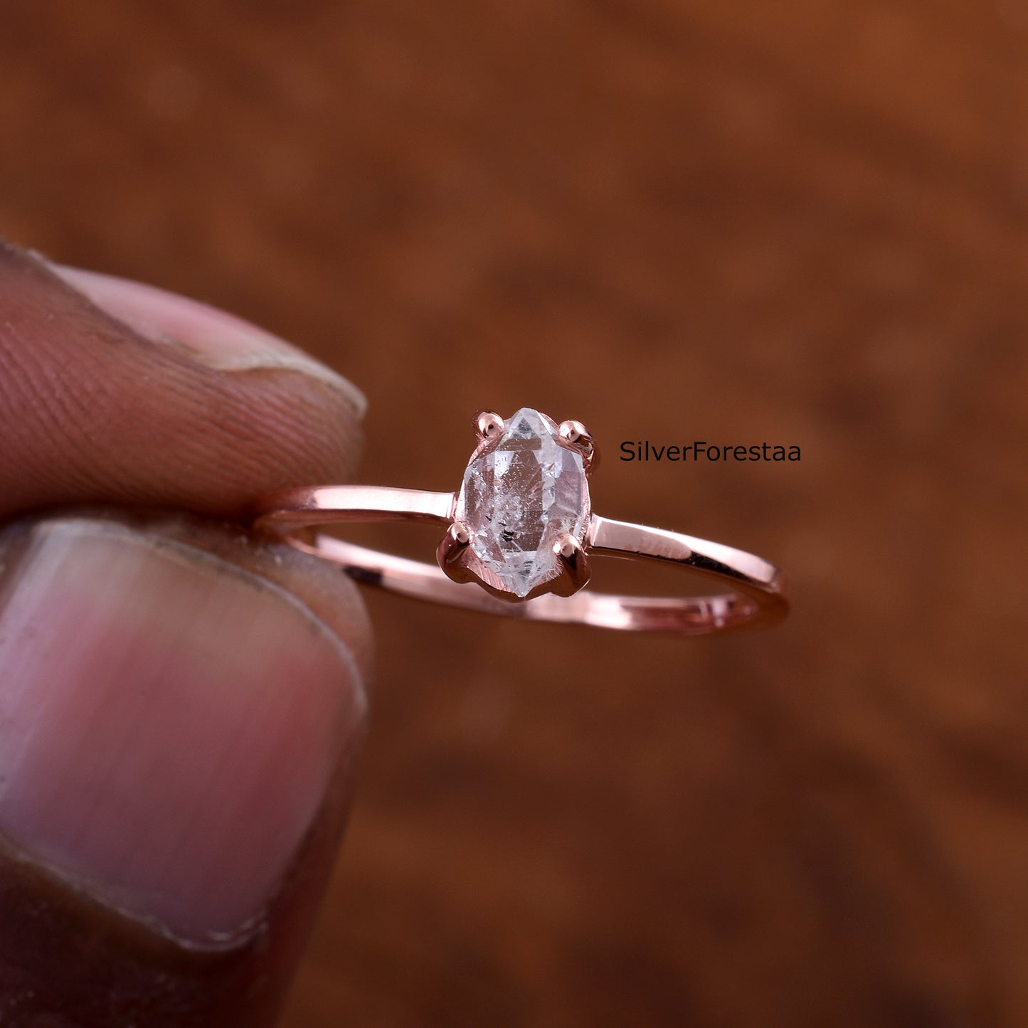 Dainty Raw Herkimer Diamond Sterling Silver Ring - SilverForestaa