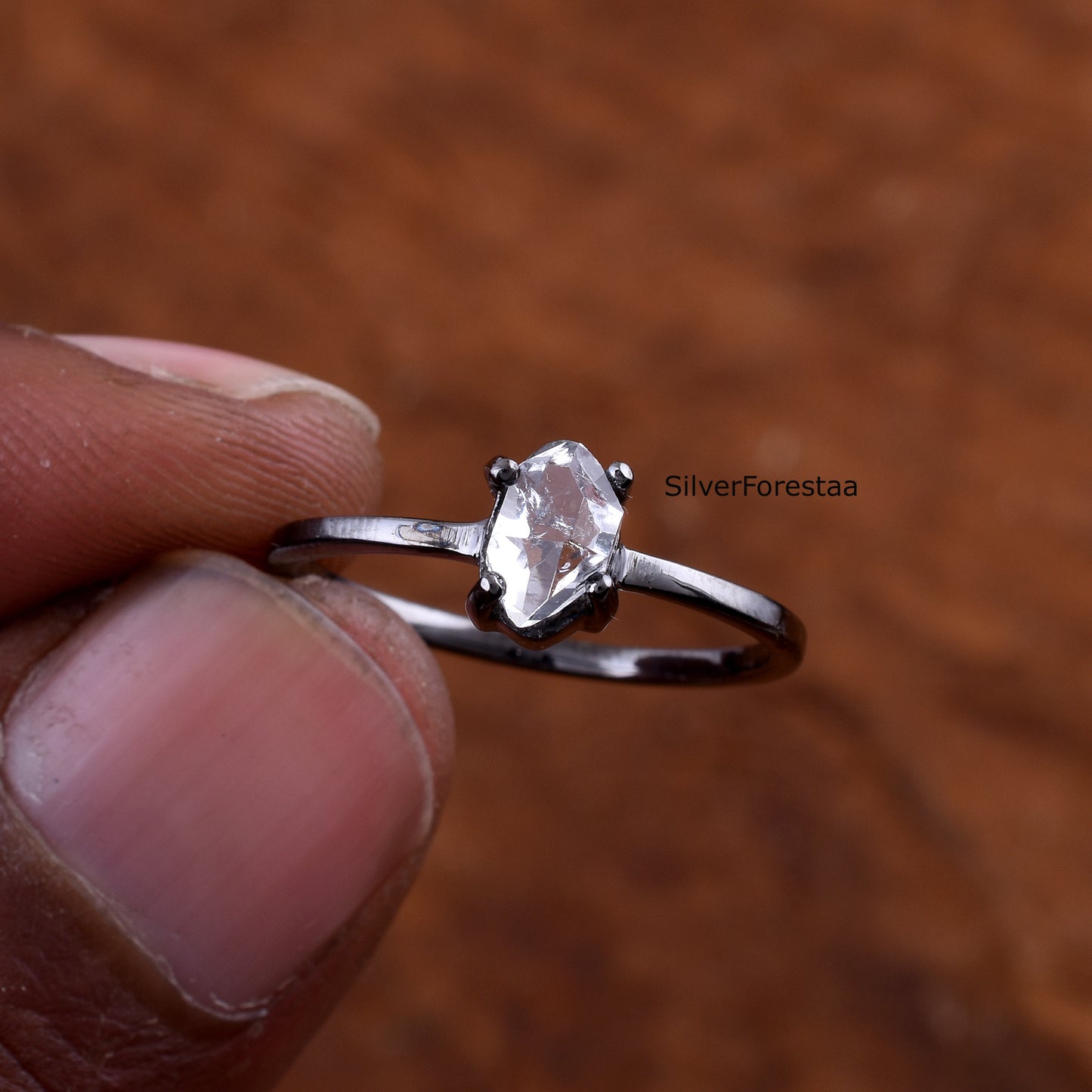 Dainty Raw Herkimer Diamond Sterling Silver Ring - SilverForestaa