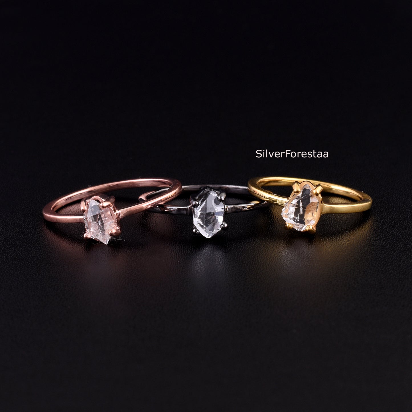 Dainty Raw Herkimer Diamond Sterling Silver Ring - SilverForestaa