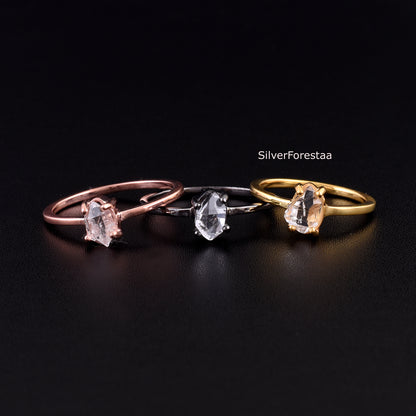 Dainty Raw Herkimer Diamond Sterling Silver Ring - SilverForestaa