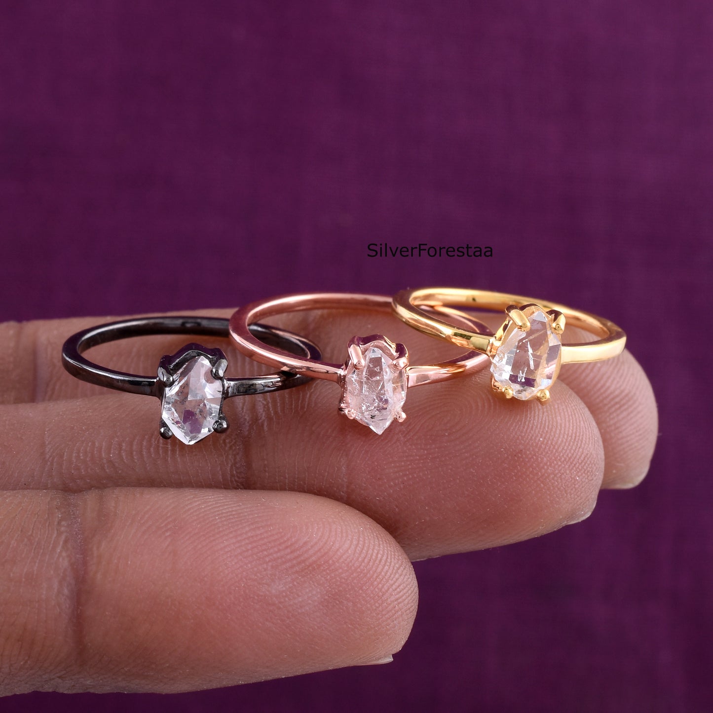 Dainty Raw Herkimer Diamond Sterling Silver Ring - SilverForestaa