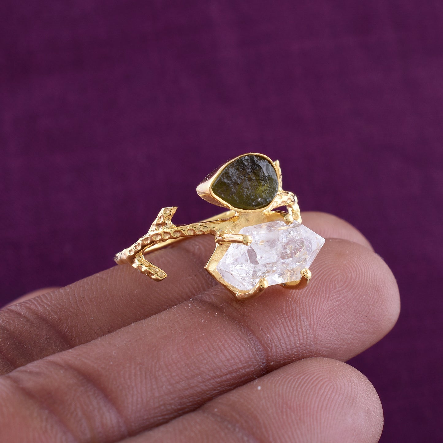 Raw Moldavite & Herkimer Diamond Silver Ring - SilverForestaa
