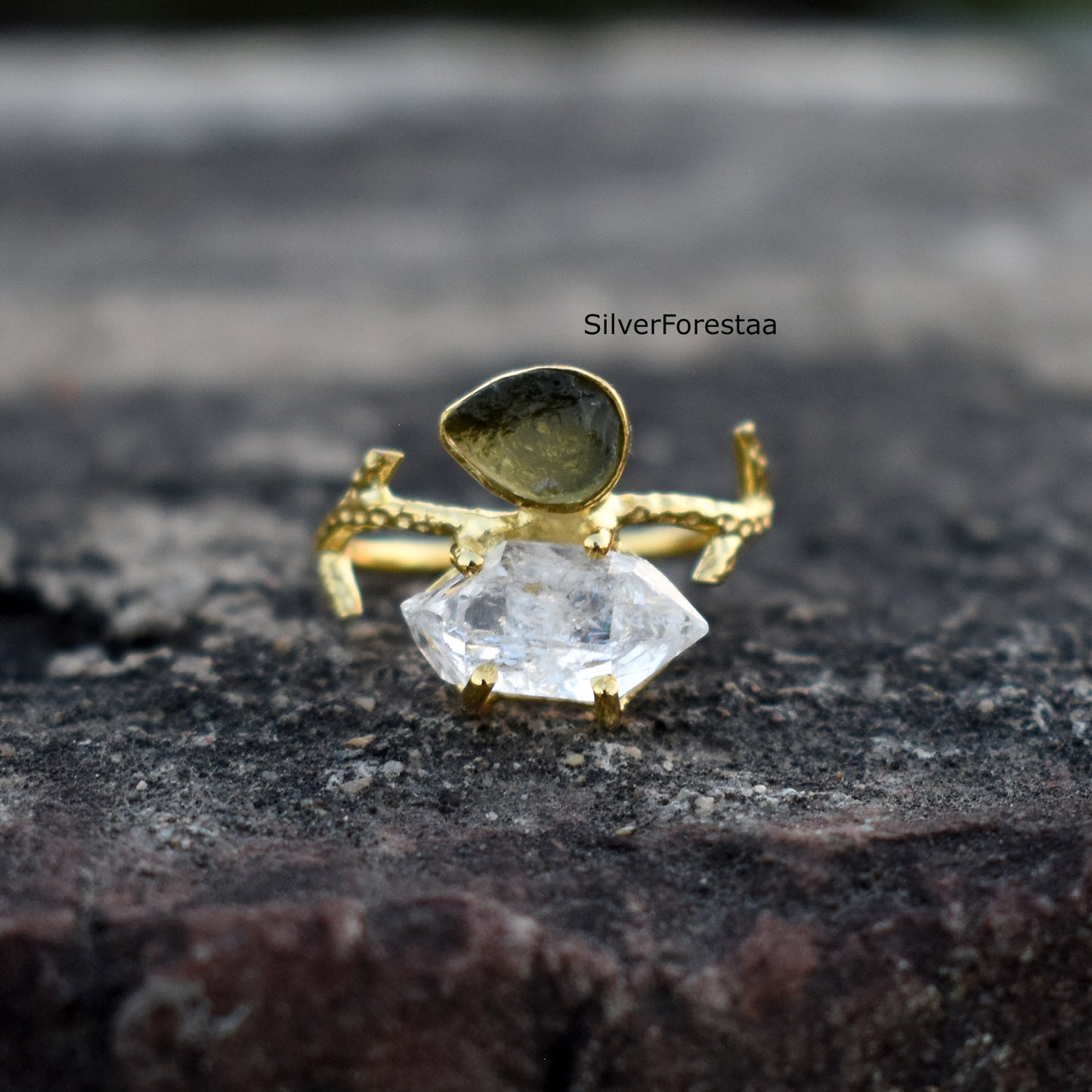 Raw Moldavite & Herkimer Diamond Silver Ring - SilverForestaa