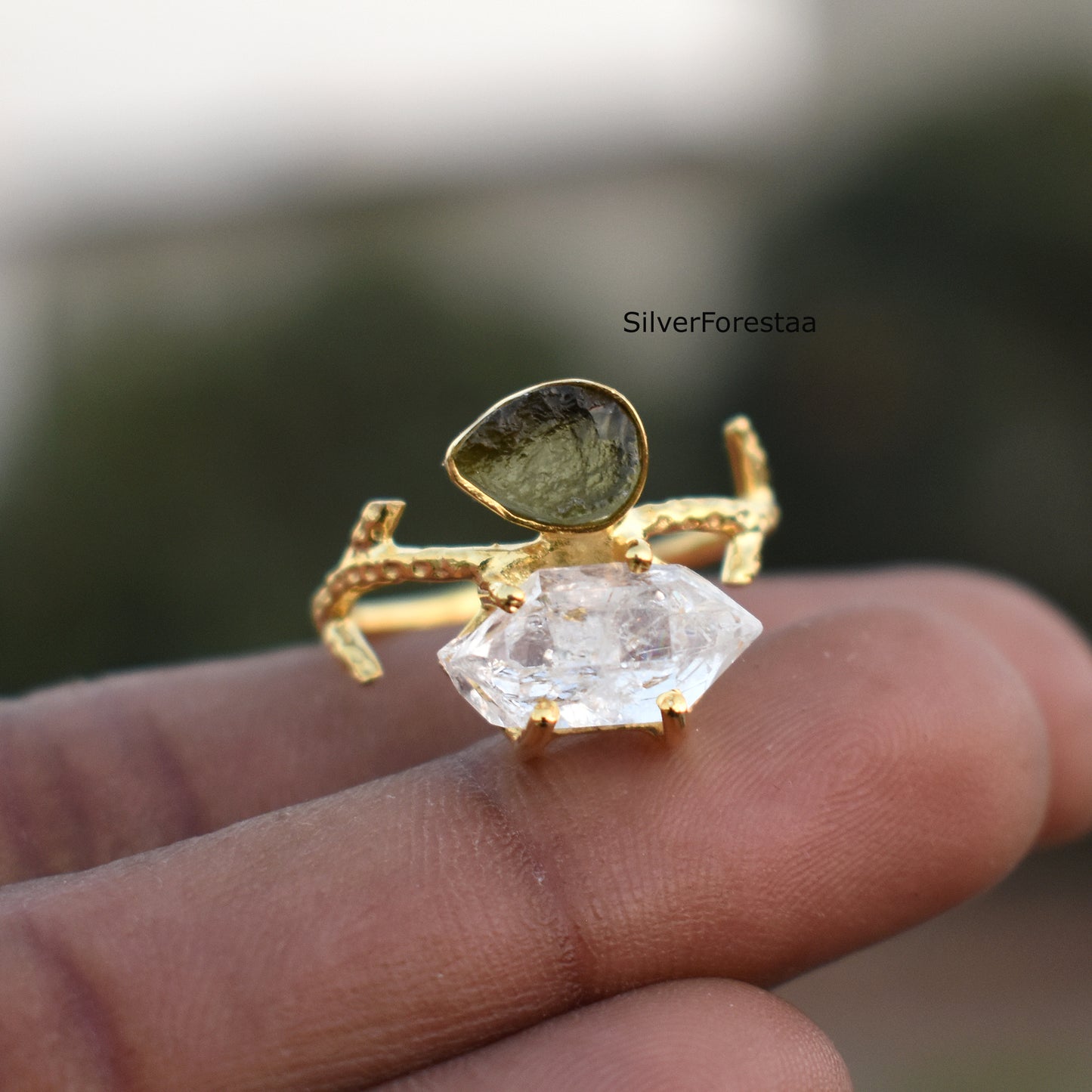 Raw Moldavite & Herkimer Diamond Silver Ring - SilverForestaa