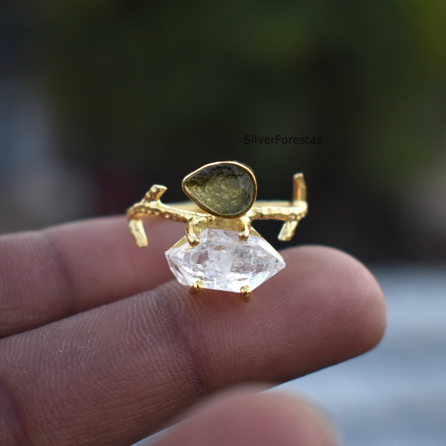 Raw Moldavite & Herkimer Diamond Silver Ring - SilverForestaa