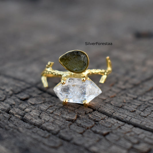 Raw Moldavite & Herkimer Diamond Silver Ring - SilverForestaa