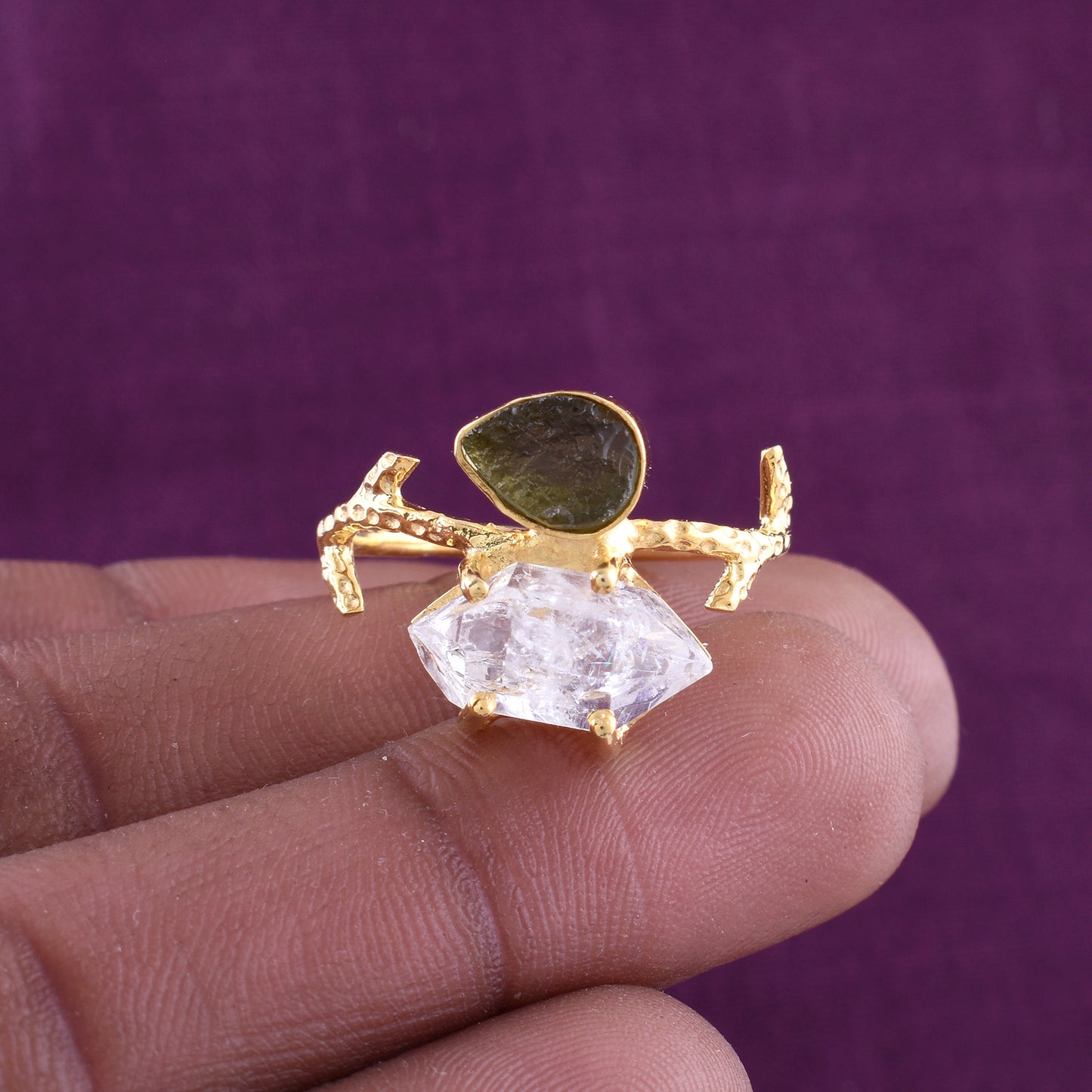 Raw Moldavite & Herkimer Diamond Silver Ring - SilverForestaa