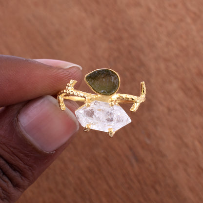 Raw Moldavite & Herkimer Diamond Silver Ring - SilverForestaa