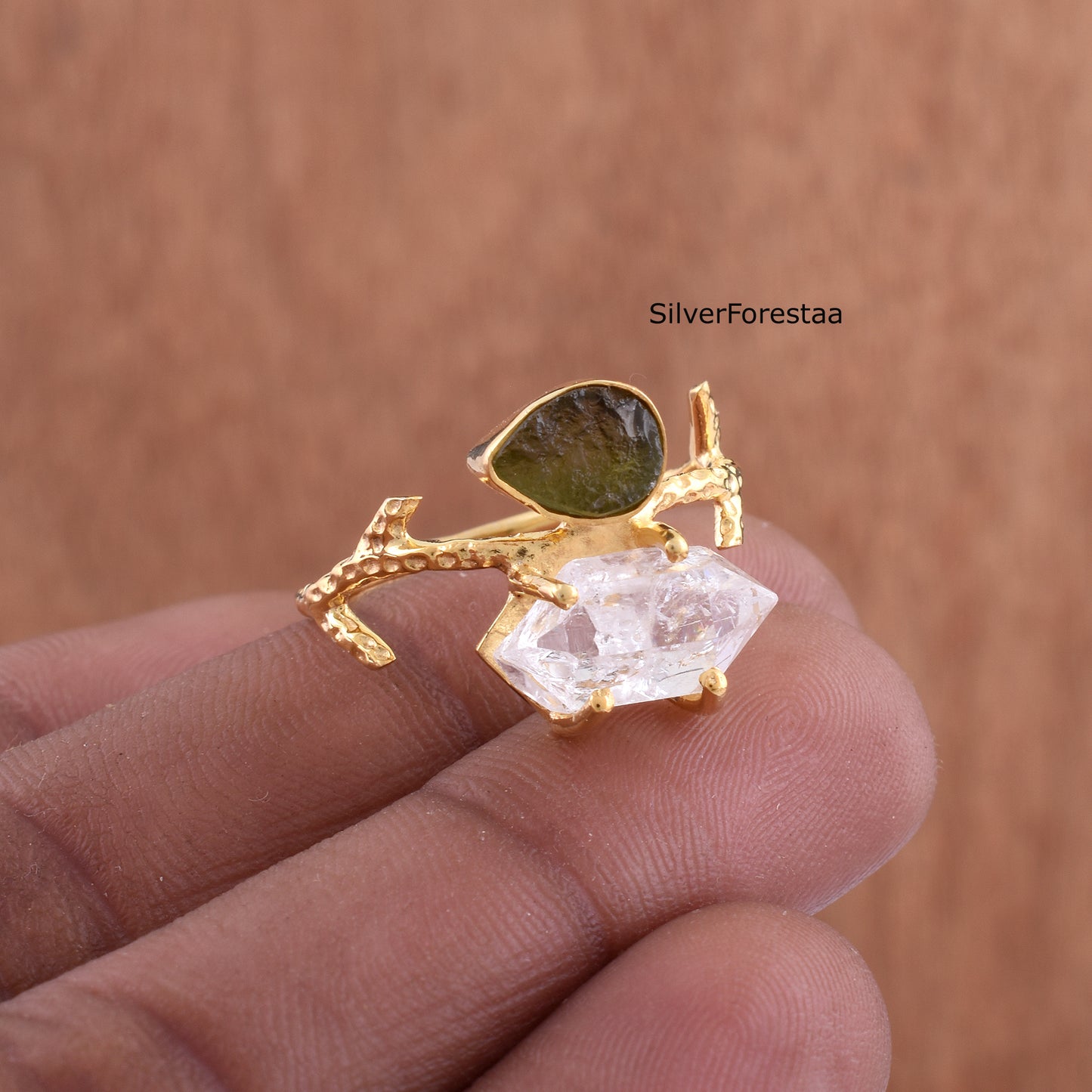 Raw Moldavite & Herkimer Diamond Silver Ring - SilverForestaa