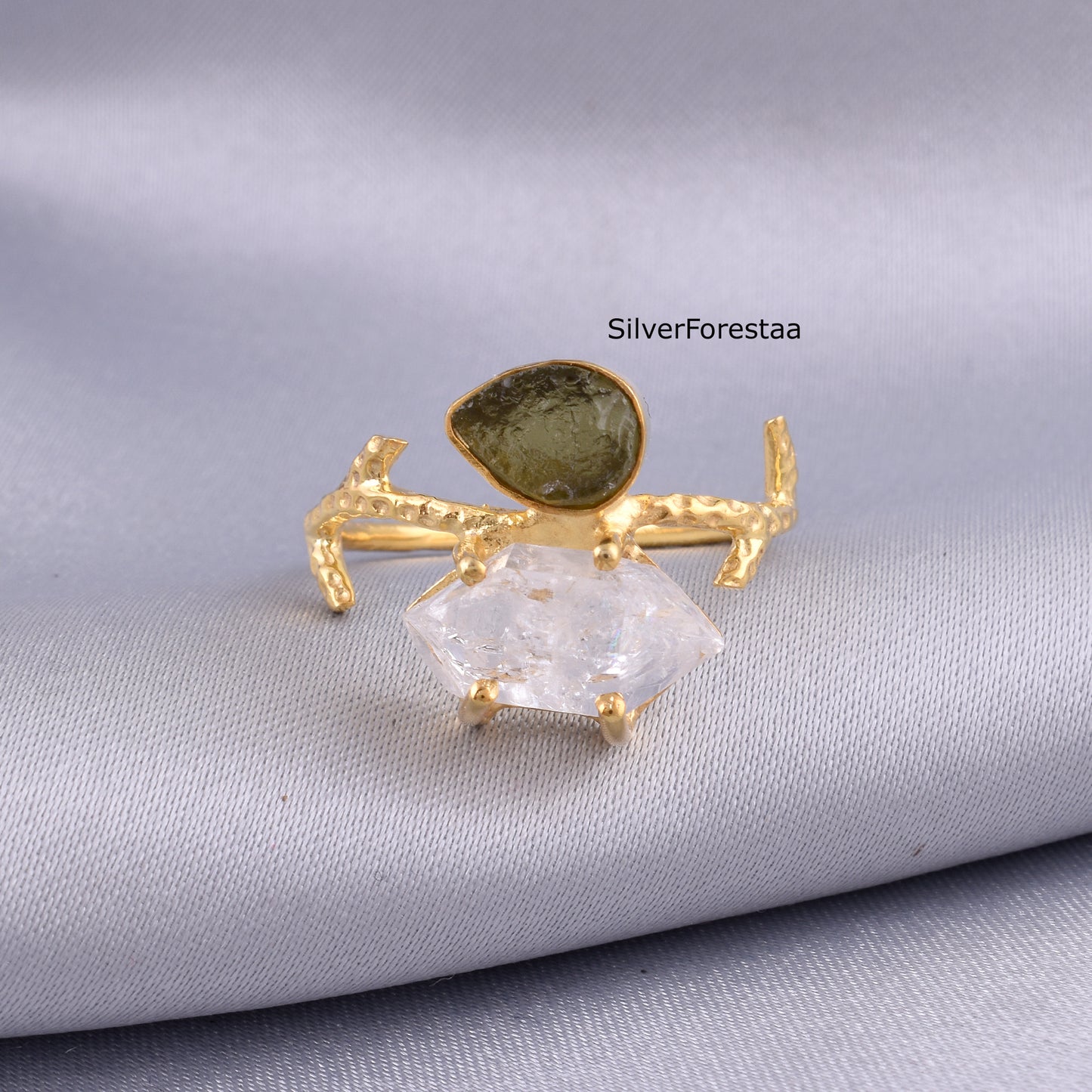 Raw Moldavite & Herkimer Diamond Silver Ring - SilverForestaa