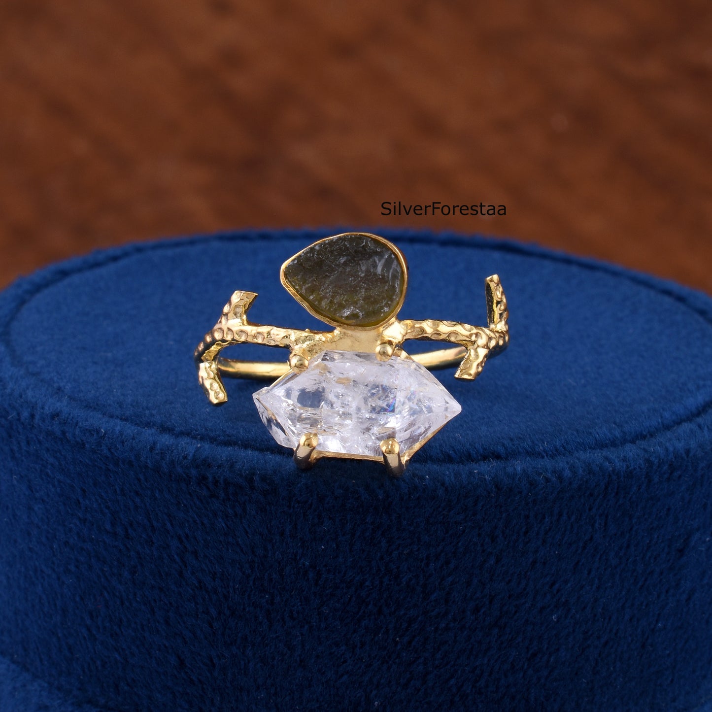 Raw Moldavite & Herkimer Diamond Silver Ring - SilverForestaa