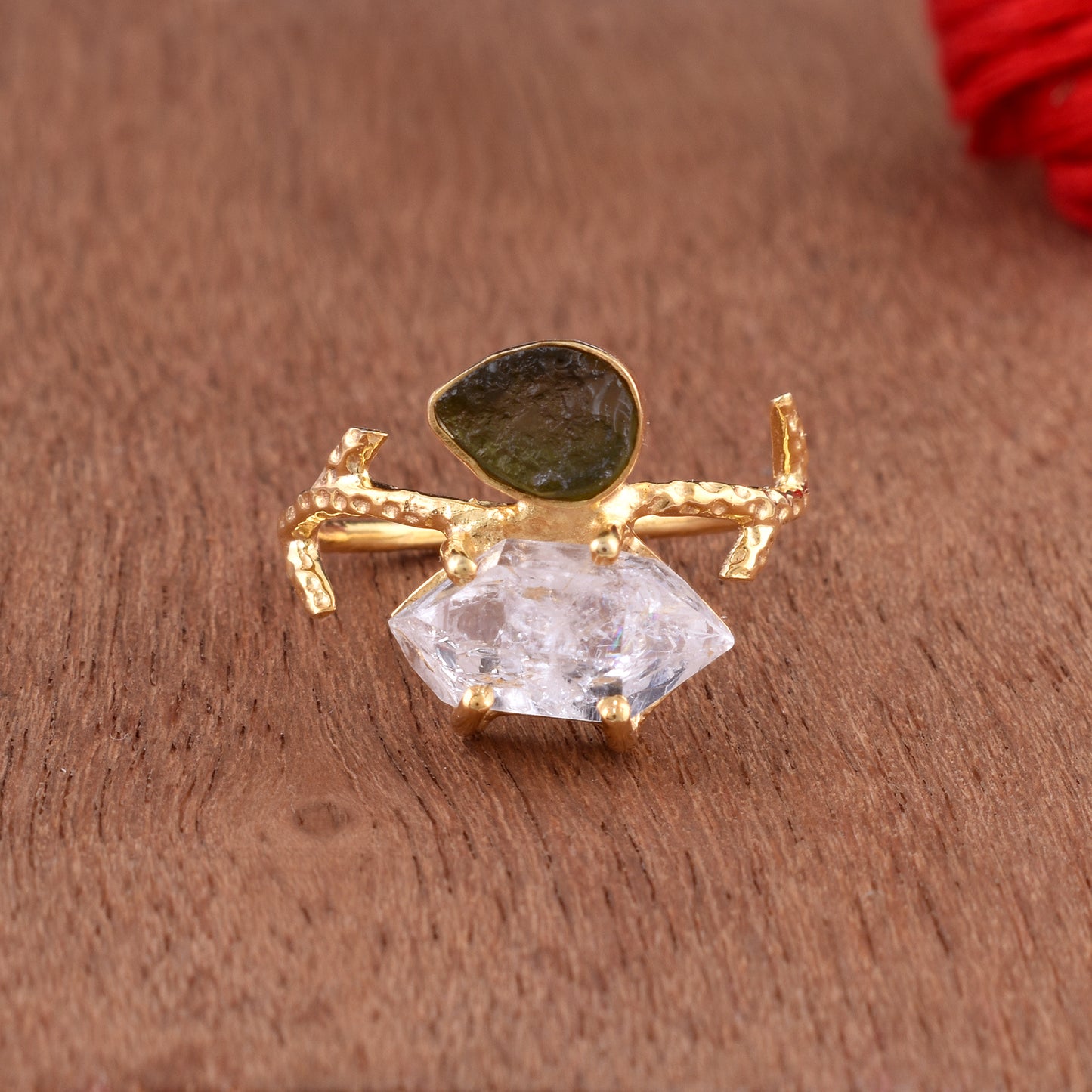 Raw Moldavite & Herkimer Diamond Silver Ring - SilverForestaa