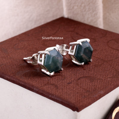 Moss Agate Stud Earrings in 925 Sterling Silver – Natural Elegance - SILVERFORESTAA