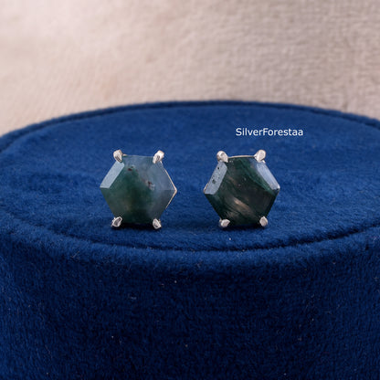 Moss Agate Stud Earrings in 925 Sterling Silver – Natural Elegance