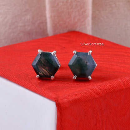 Moss Agate Stud Earrings in 925 Sterling Silver – Natural Elegance