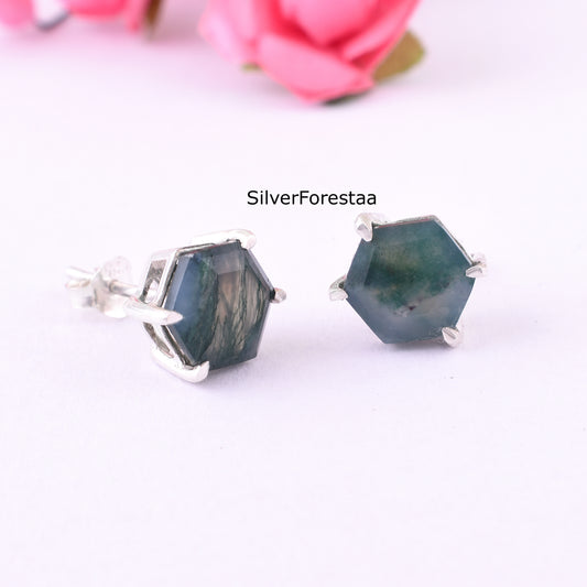 Moss Agate Stud Earrings in 925 Sterling Silver – Natural Elegance