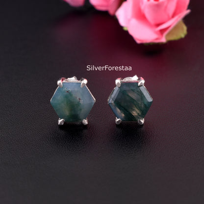 Moss Agate Stud Earrings in 925 Sterling Silver – Natural Elegance