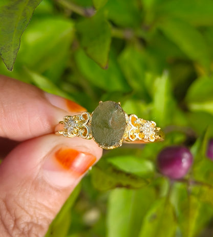 Natural Rough Moldavite Ring | Dainty Green Crystal Jewelry