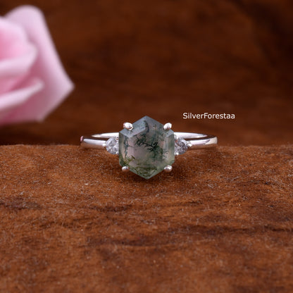 Solid Sterling Silver Moss Agate Stacking Ring – Unique Natural Beauty