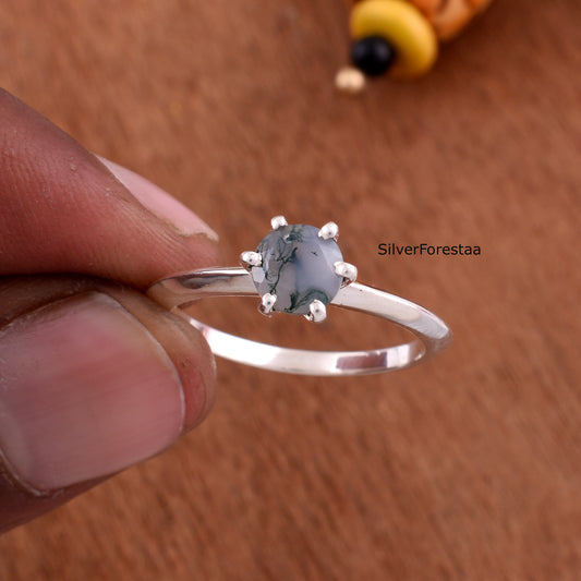 Solid Sterling Silver Moss Agate Stacking Ring – Unique Natural Beauty