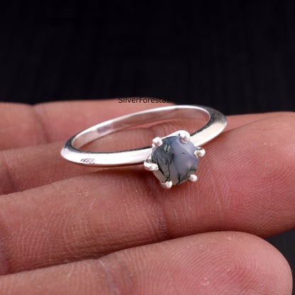 Solid Sterling Silver Moss Agate Stacking Ring – Unique Natural Beauty