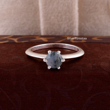 Solid Sterling Silver Moss Agate Stacking Ring – Unique Natural Beauty
