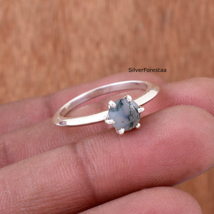 Solid Sterling Silver Moss Agate Stacking Ring – Unique Natural Beauty