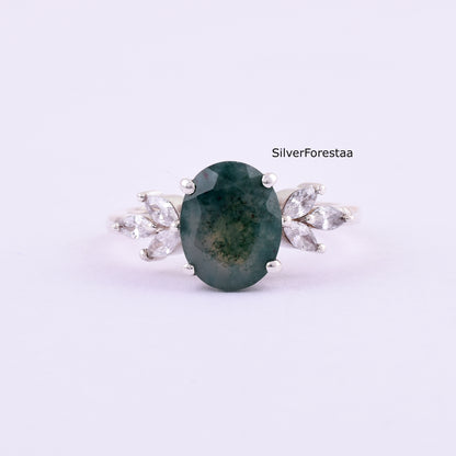 Elegant Oval Moss Agate Ring – Sterling Silver Engagement Style