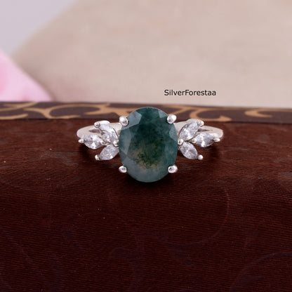 Elegant Oval Moss Agate Ring – Sterling Silver Engagement Style