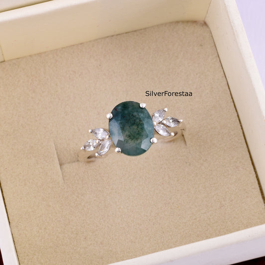 Elegant Oval Moss Agate Ring – Sterling Silver Engagement Style