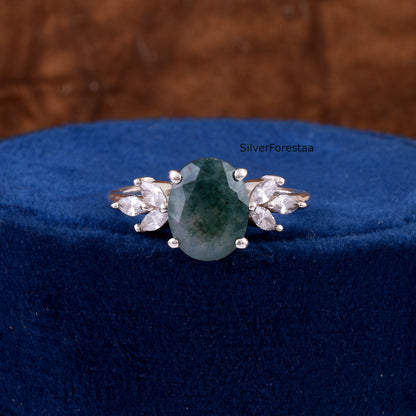 Elegant Oval Moss Agate Ring – Sterling Silver Engagement Style