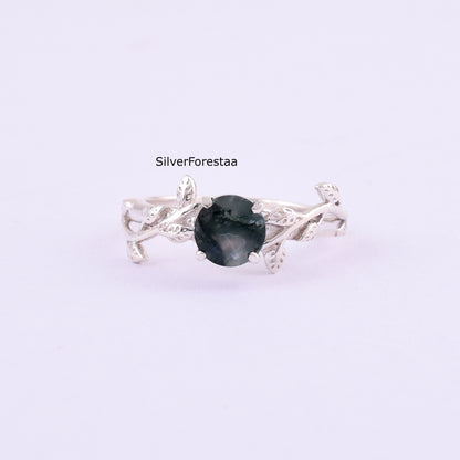 Dainty Leaf Moss Agate Ring – Solid 925 Sterling Silver