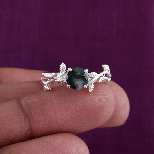 Dainty Leaf Moss Agate Ring – Solid 925 Sterling Silver