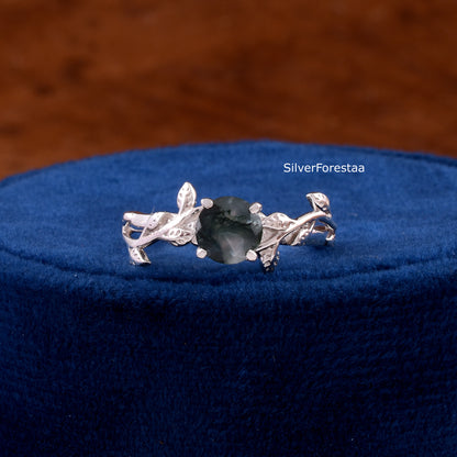 Dainty Leaf Moss Agate Ring – Solid 925 Sterling Silver