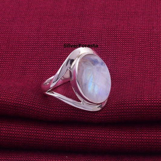 Handcrafted 925 Sterling Silver Ring with Rainbow Moonstone - SILVERFORESTAA