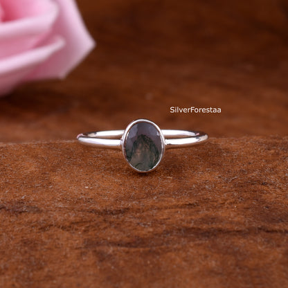 Oval Moss Agate Silver Ring | SilverForestaa