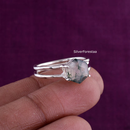 Dainty Moss Agate Ring – Genuine 925 Sterling Silver