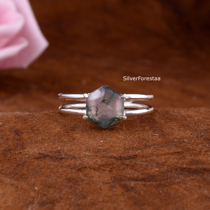 Dainty Moss Agate Ring – Genuine 925 Sterling Silver