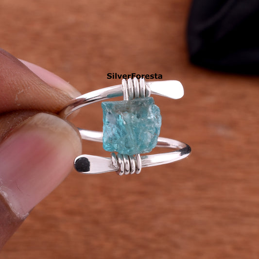Handcrafted Raw Rough Blue Apatite Gemstone Ring – Sterling Silver Wire Wrap