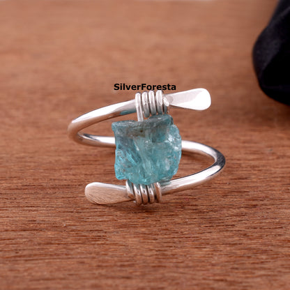 Handcrafted Raw Rough Blue Apatite Gemstone Ring – Sterling Silver Wire Wrap