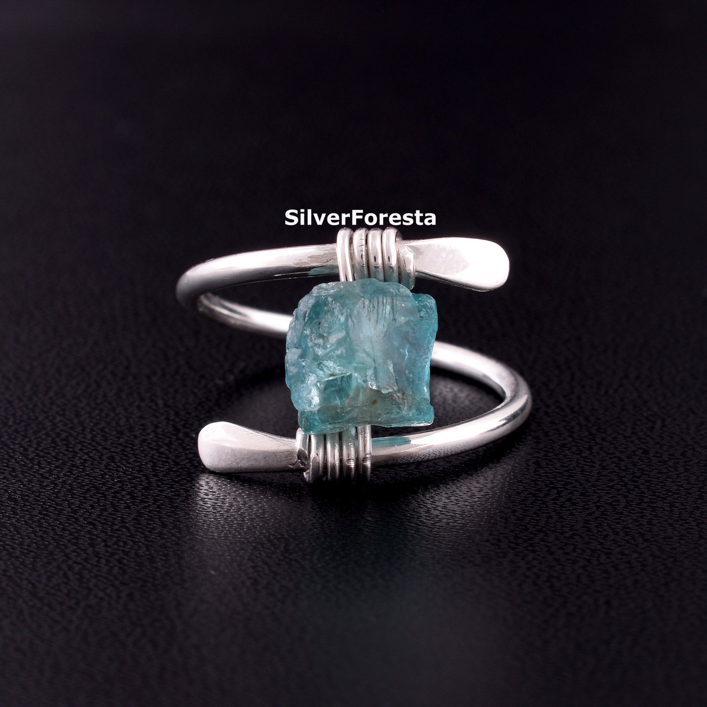 Handcrafted Raw Rough Blue Apatite Gemstone Ring – Sterling Silver Wire Wrap