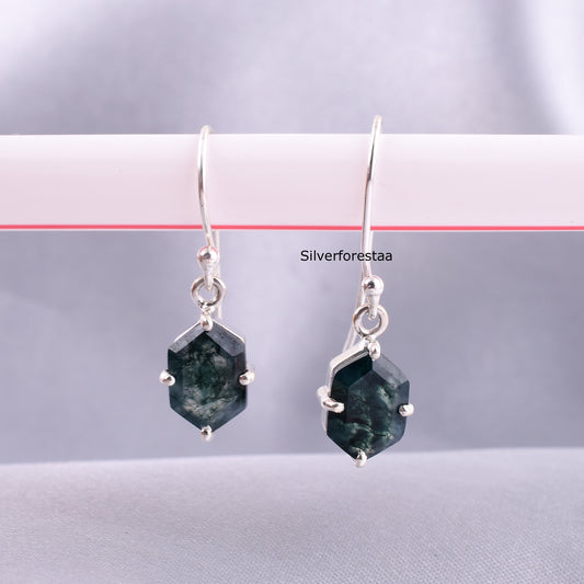 925 Silver Moss Agate Drop Earrings – Nature-Inspired Elegance