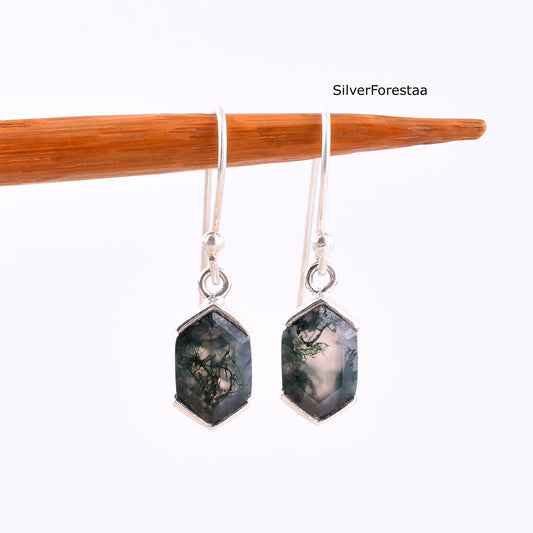Natural Moss Agate Dangle Earrings for Women – Sterling Silver