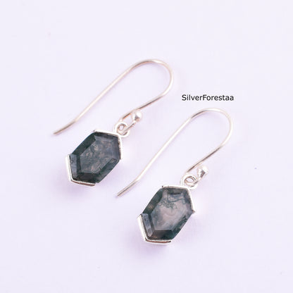 Natural Moss Agate Dangle Earrings for Women – Sterling Silver