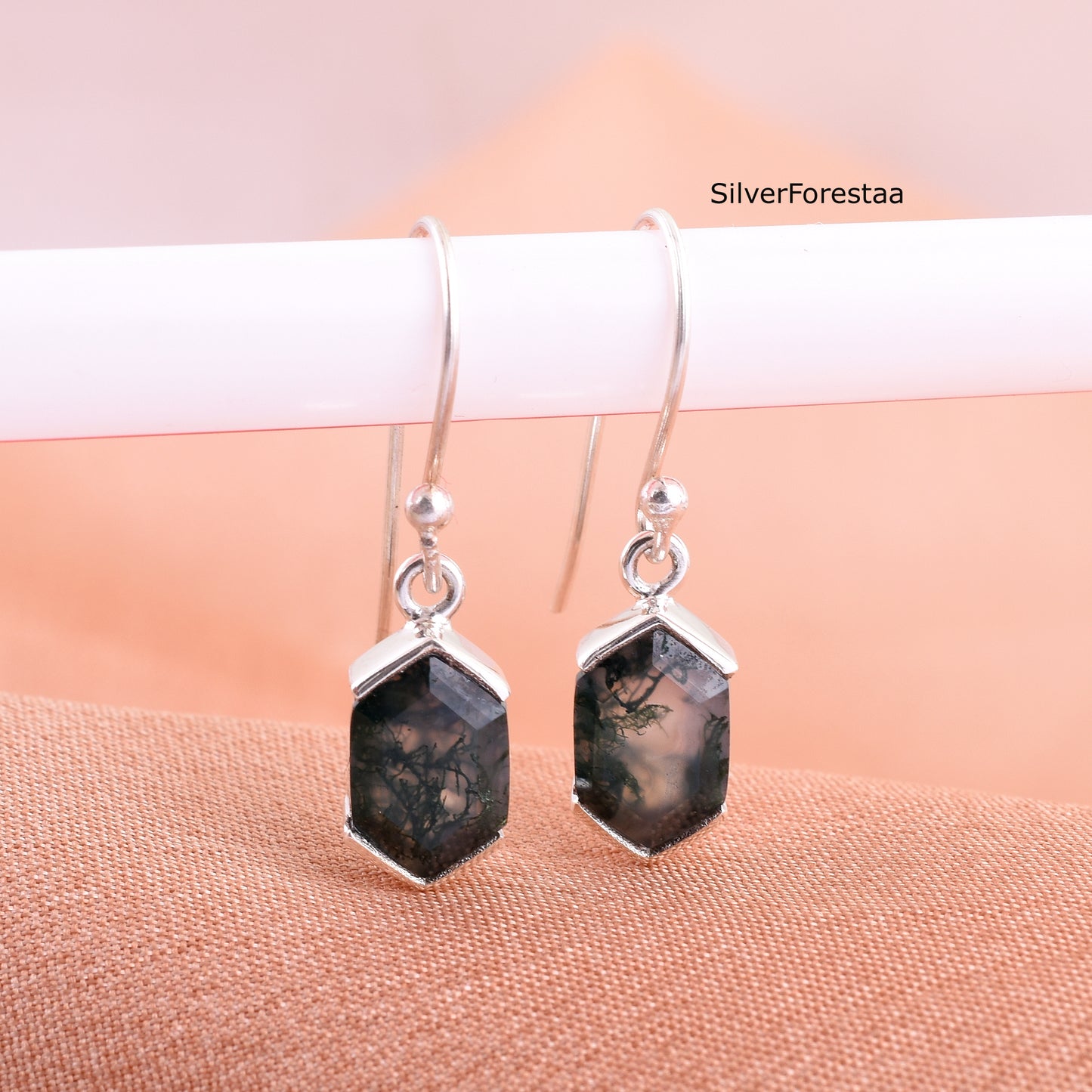 Natural Moss Agate Dangle Earrings for Women – Sterling Silver